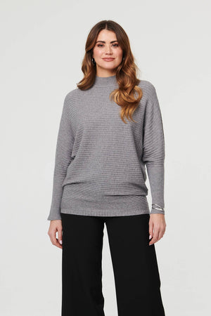 Grey | Striped Texture High Neck Relaxed Jumper
