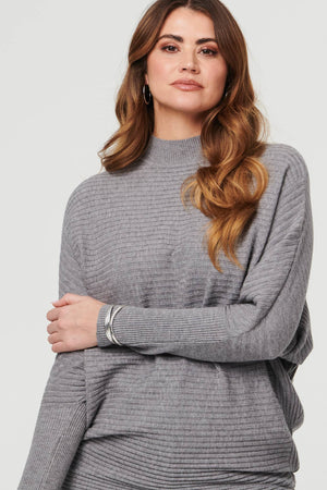 Grey | Striped Texture High Neck Relaxed Jumper
