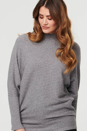 Grey | Striped Texture High Neck Relaxed Jumper
