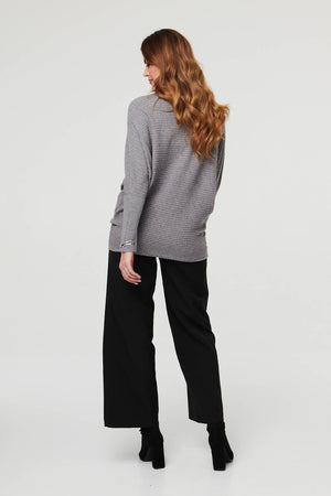 Grey | Striped Texture High Neck Relaxed Jumper
