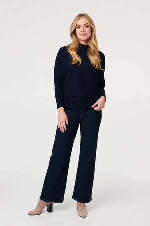 Navy | Striped Texture High Neck Relaxed Jumper
