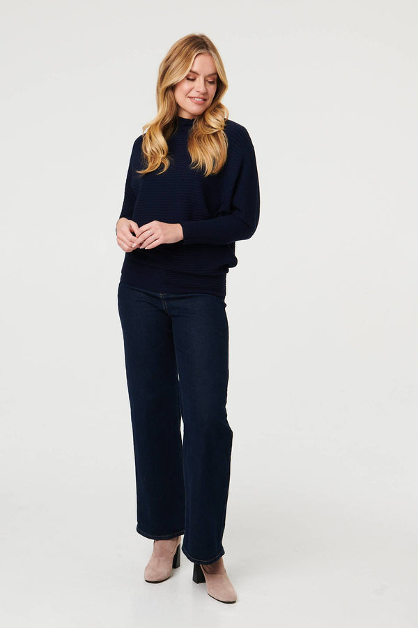 Navy | Striped Texture High Neck Relaxed Jumper
