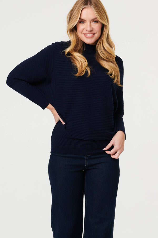 Navy | Striped Texture High Neck Relaxed Jumper
