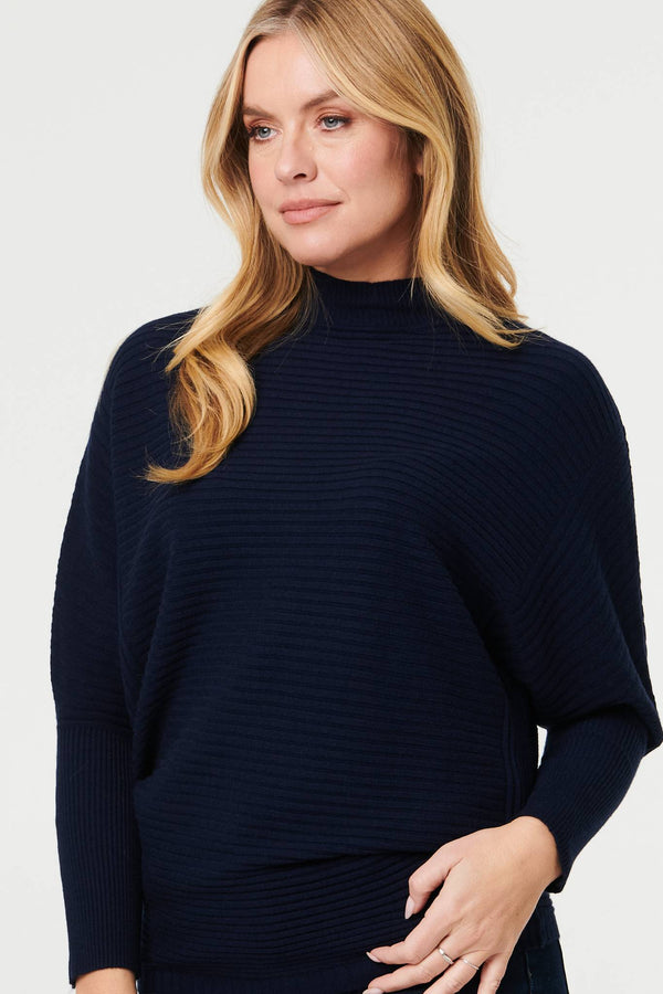 Navy | Striped Texture High Neck Relaxed Jumper

