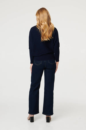 Navy | Striped Texture High Neck Relaxed Jumper
