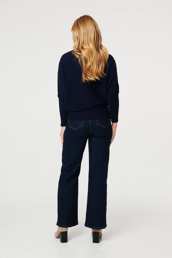 Navy | Striped Texture High Neck Relaxed Jumper
