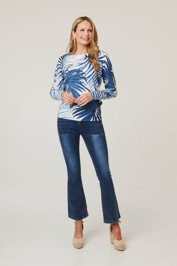 Blue | Leaf Print Slim Batwing Sleeve Jumper