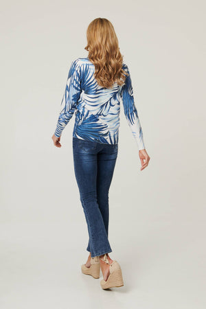 Blue | Leaf Print Slim Batwing Sleeve Jumper