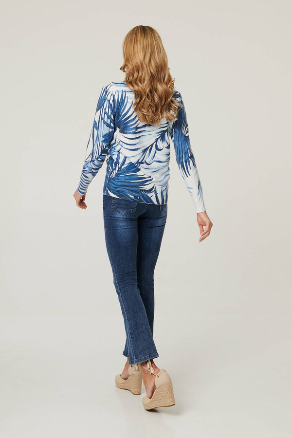 Blue | Leaf Print Slim Batwing Sleeve Jumper