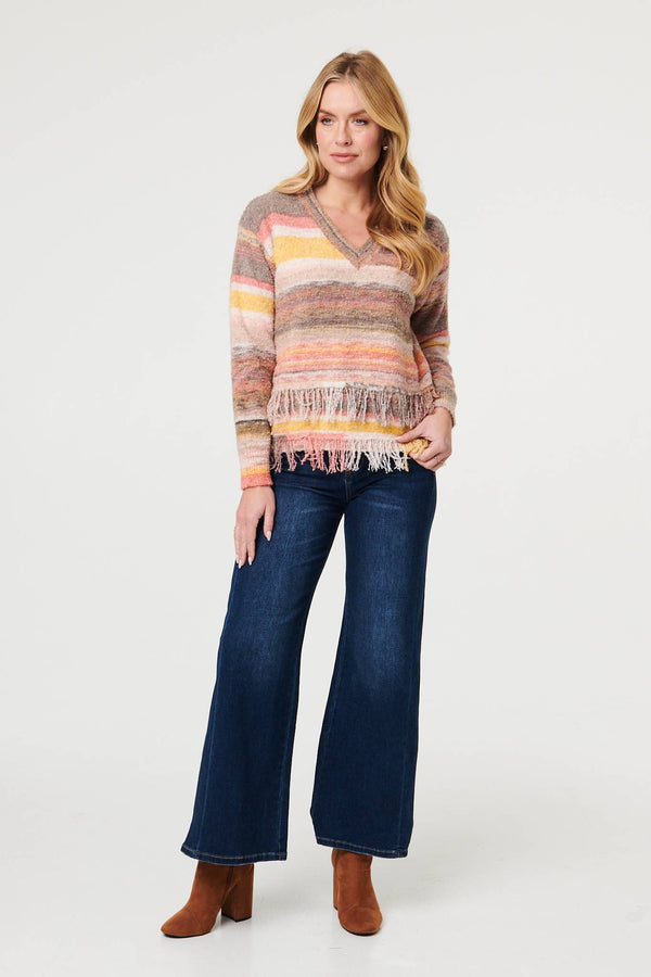 Pink | Striped Texture Tassel Hem Crop Jumper
