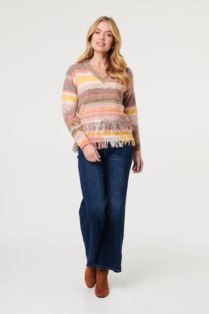 Pink | Striped Texture Tassel Hem Crop Jumper
