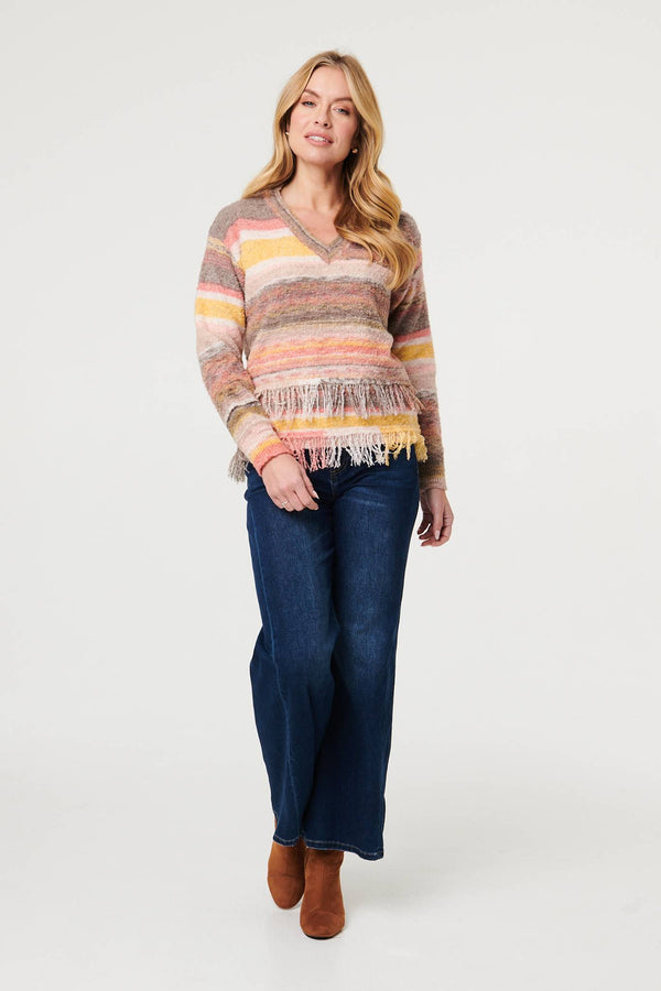 Pink | Striped Texture Tassel Hem Crop Jumper
