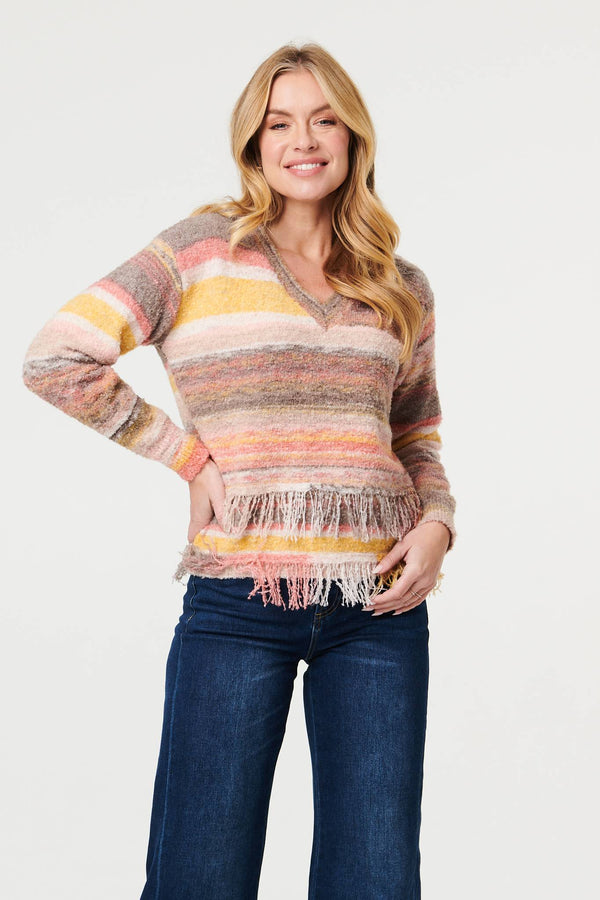 Pink | Striped Texture Tassel Hem Crop Jumper
