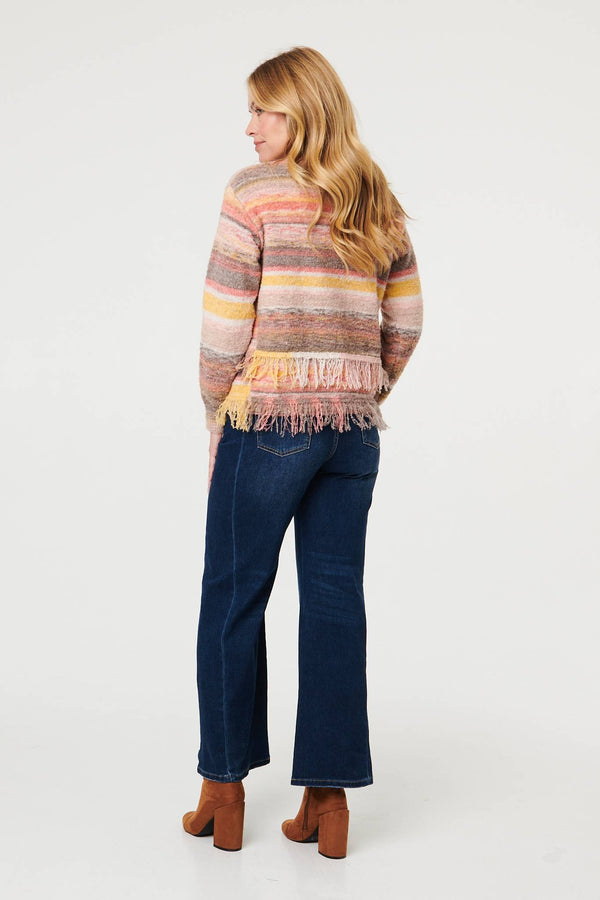 Pink | Striped Texture Tassel Hem Crop Jumper
