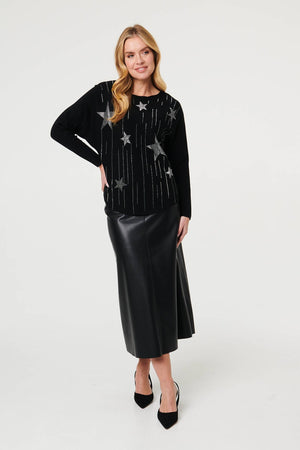 Black | Sparkly Star Front Batwing Sleeve Jumper
