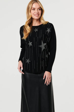 Black | Sparkly Star Front Batwing Sleeve Jumper
