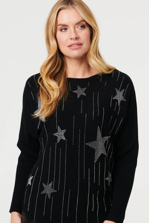 Black | Sparkly Star Front Batwing Sleeve Jumper
