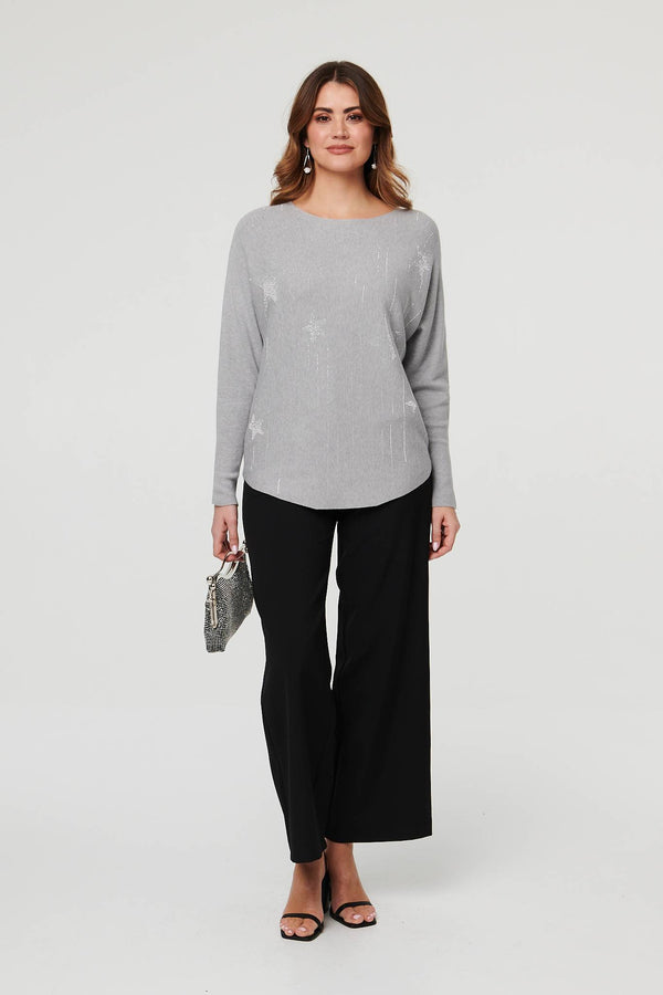Grey | Sparkly Star Front Batwing Sleeve Jumper
