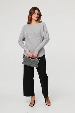 Grey | Sparkly Star Front Batwing Sleeve Jumper
