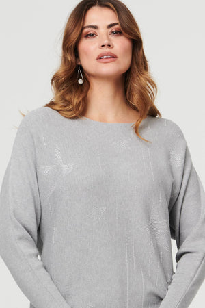 Grey | Sparkly Star Front Batwing Sleeve Jumper

