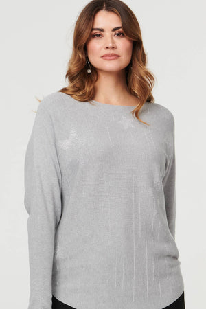 Grey | Sparkly Star Front Batwing Sleeve Jumper
