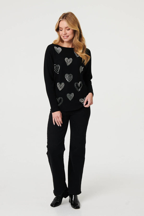 Black | Sparkly Heart Print Long Sleeve Jumper
