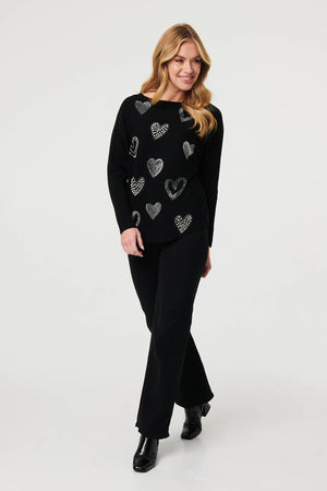 Black | Sparkly Heart Print Long Sleeve Jumper
