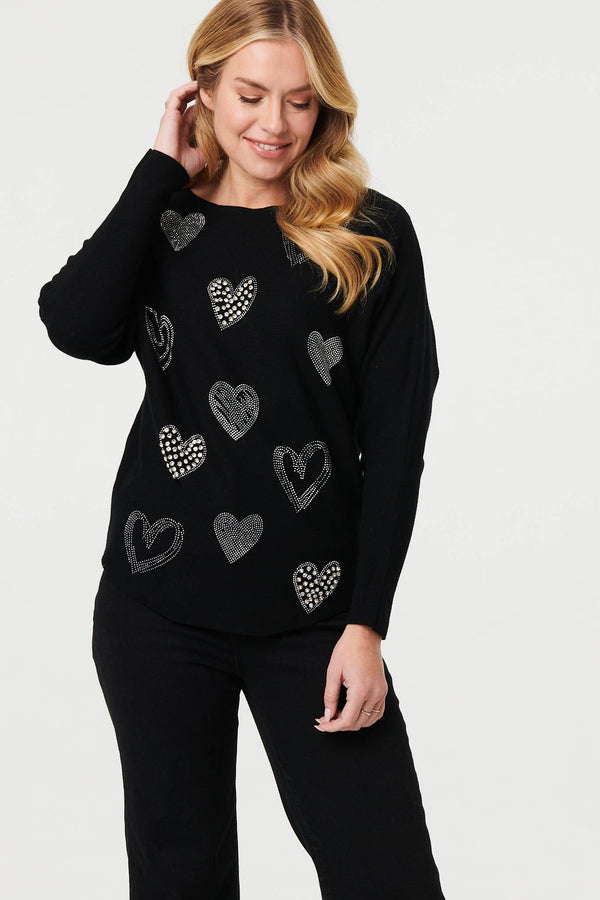 Black | Sparkly Heart Print Long Sleeve Jumper
