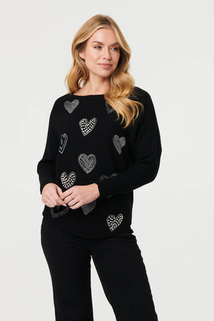 Black | Sparkly Heart Print Long Sleeve Jumper : Model is 5'10