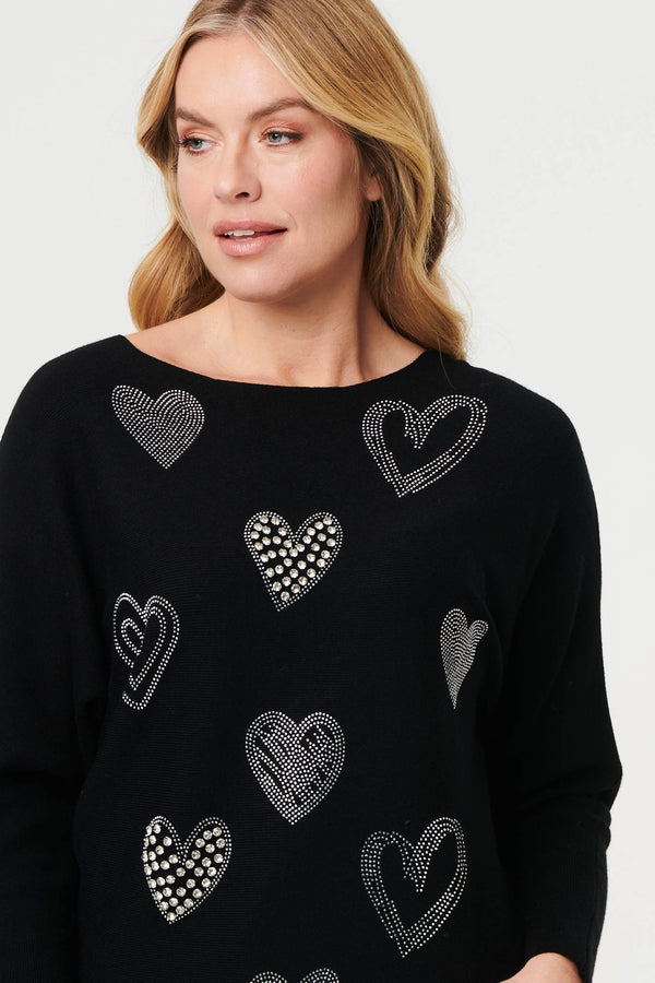 Black | Sparkly Heart Print Long Sleeve Jumper
