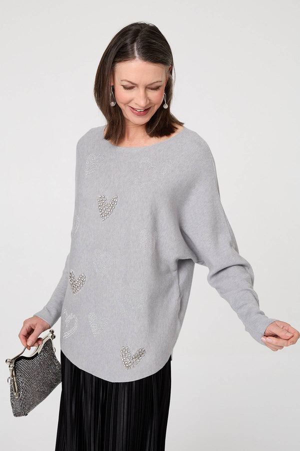 Grey | Sparkly Heart Print Long Sleeve Jumper
