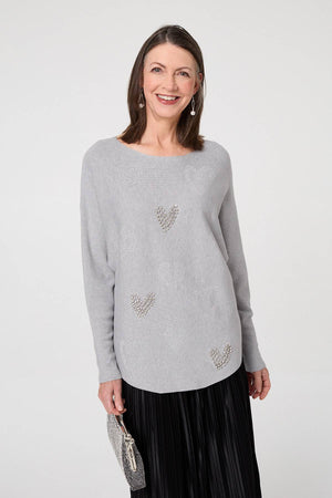 Grey | Sparkly Heart Print Long Sleeve Jumper : Model is 5'8