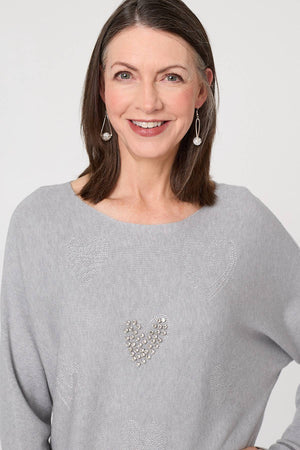Grey | Sparkly Heart Print Long Sleeve Jumper
