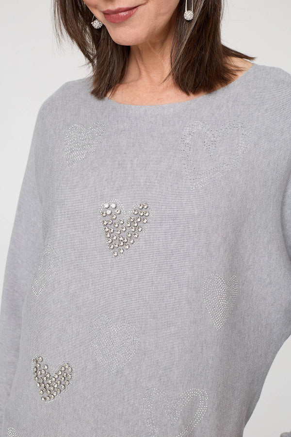 Grey | Sparkly Heart Print Long Sleeve Jumper
