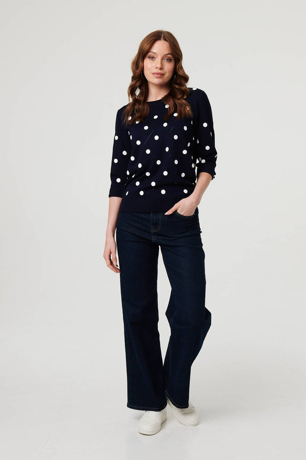 Navy | Polka Dot Print 3/4 Sleeve Slim Jumper
