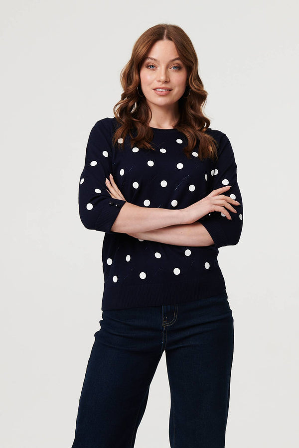 Navy | Polka Dot Print 3/4 Sleeve Slim Jumper
