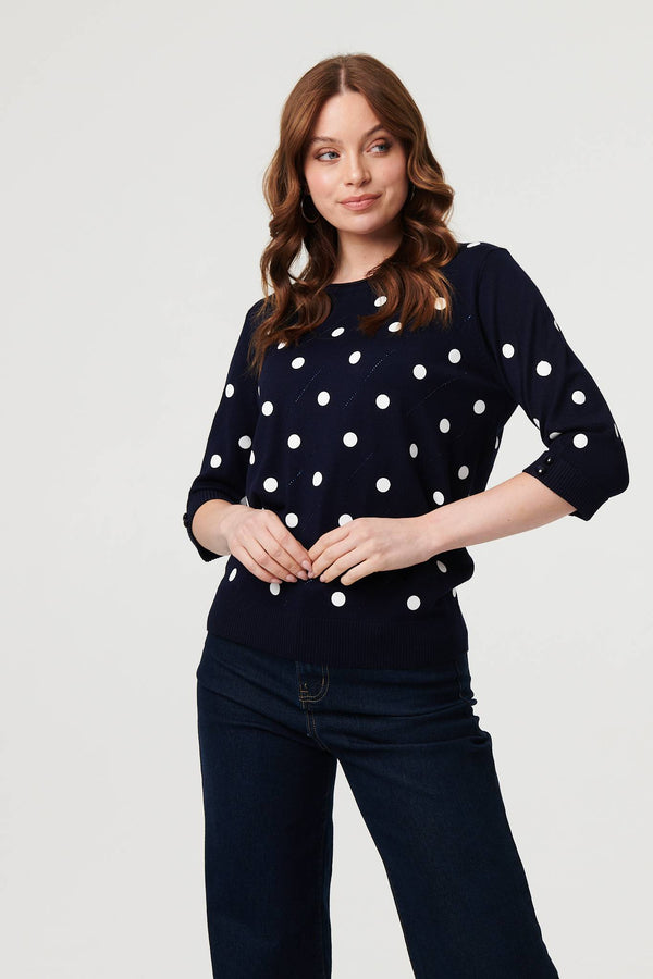 Navy | Polka Dot Print 3/4 Sleeve Slim Jumper
