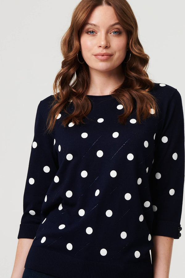Navy | Polka Dot Print 3/4 Sleeve Slim Jumper
