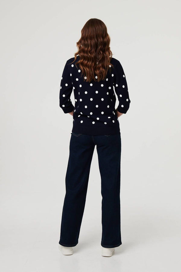Navy | Polka Dot Print 3/4 Sleeve Slim Jumper
