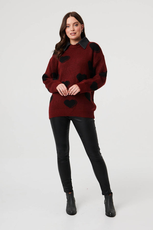 Burgundy | Heart Print Denim Trim Collar Jumper
