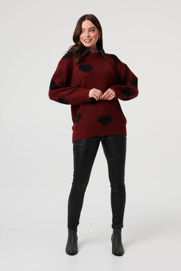 Burgundy | Heart Print Denim Trim Collar Jumper
