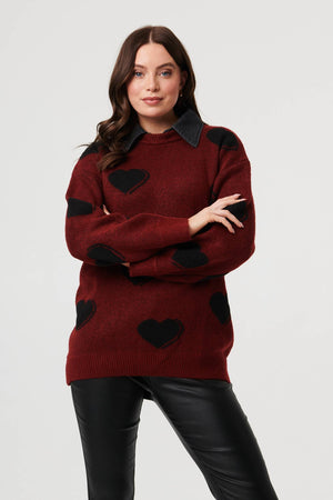 Burgundy | Heart Print Denim Trim Collar Jumper
