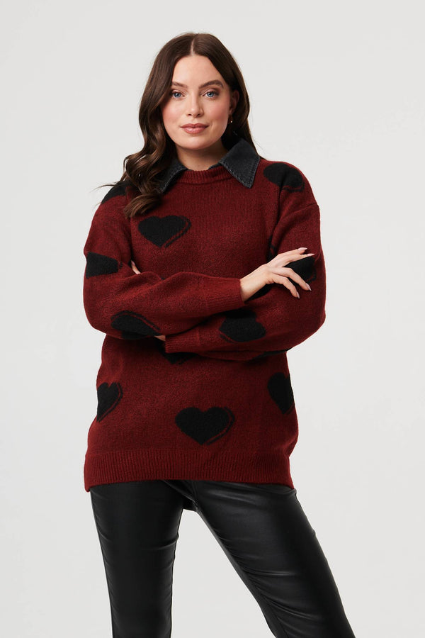 Burgundy | Heart Print Denim Trim Collar Jumper
