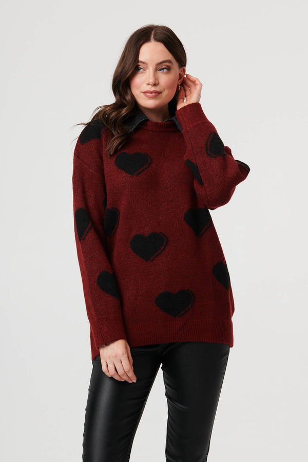 Burgundy | Heart Print Denim Trim Collar Jumper : Model is 5'9"/175 cm and wears UK8/EU36/US4/AUS8
