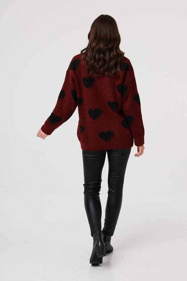 Burgundy | Heart Print Denim Trim Collar Jumper
