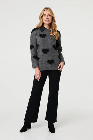 Grey | Heart Print Denim Trim Collar Jumper
