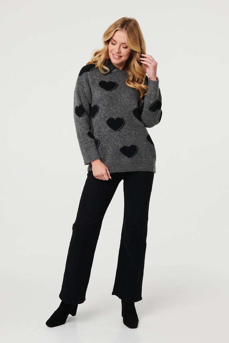 Grey | Heart Print Denim Trim Collar Jumper
