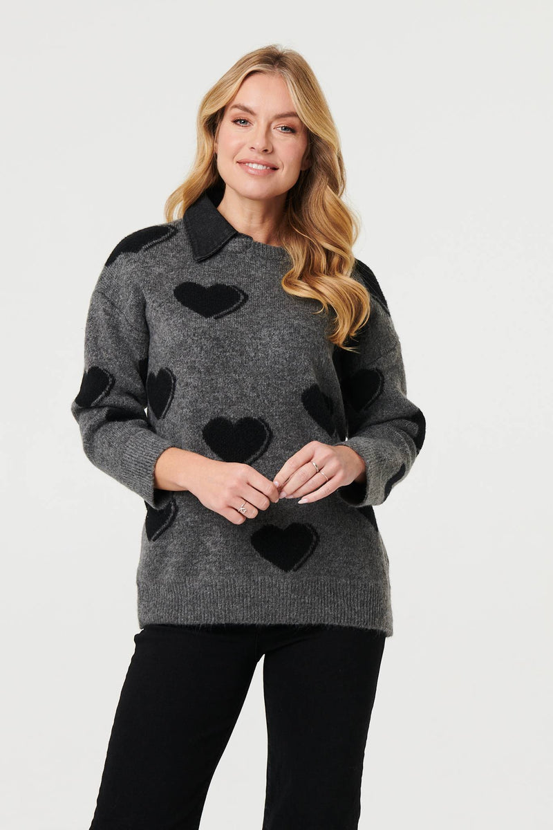 Grey | Heart Print Denim Trim Collar Jumper
