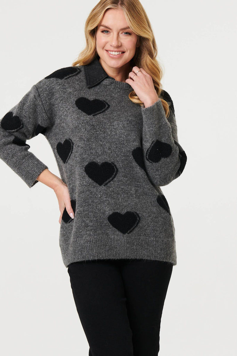 Grey | Heart Print Denim Trim Collar Jumper
