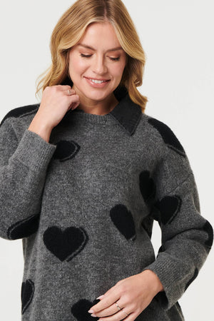 Grey | Heart Print Denim Trim Collar Jumper
